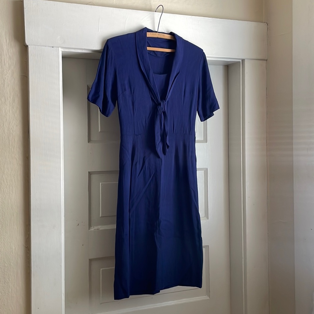 Vintage 1940s Dark Navy Blue Sailor Nautical Style Wiggle Pencil Dress With Bow